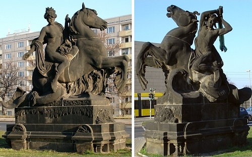 Skulpturen "Elbe in Ruhe" und "Elbe in Bewegung" an der Auffahrt zur Carolabrücke