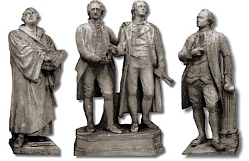 Gipsmodelle für Rietschels bekannteste Skulpturen: Luther (Worms), Goethe und Schiller (Weimar) und Lessing (Braunschweig)