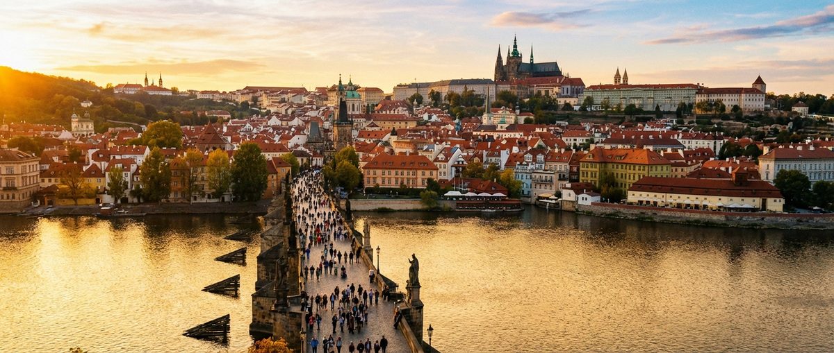Panoramablick auf die Prager Altstadt mit Karlsbrücke, Moldau und Hradschin im Hintergrund